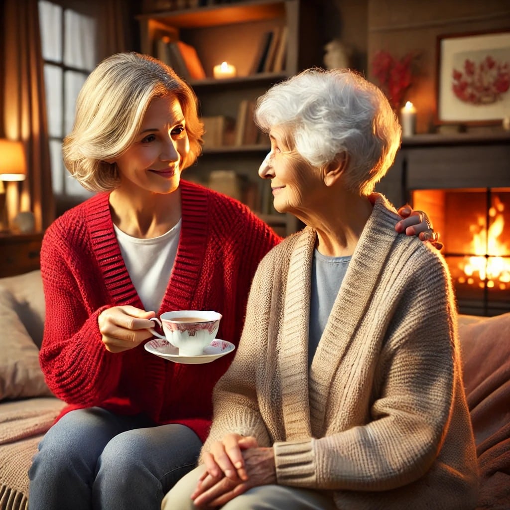 Companion caregiver enjoying a cup of tea with a Senior loved one.