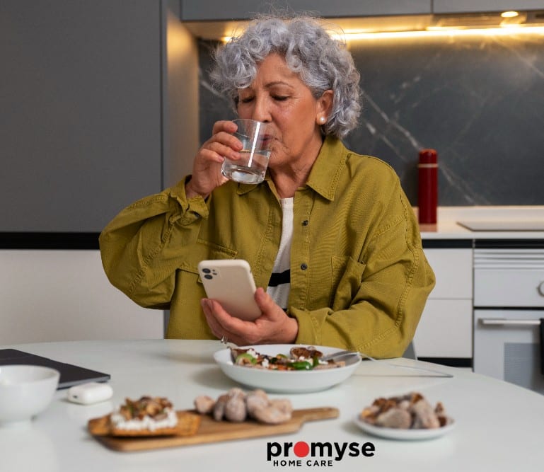 Senior drinking water and eating nutritious foods to prevent the cold and flu.